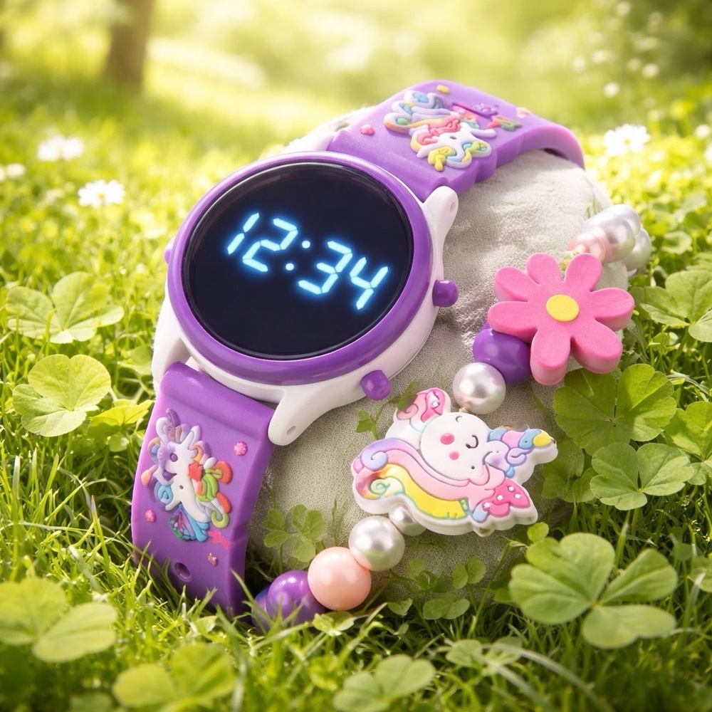 Purple Kids Digital Watch and matching bracelet with Unicorn Design